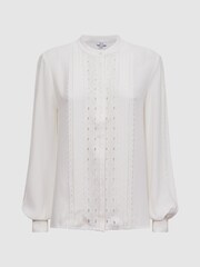 Reiss Cream Maisie Collarless Long Sleeve Lace Blouse - Image 2 of 4
