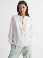 Reiss Cream Maisie Collarless Long Sleeve Lace Blouse - Image 3 of 4