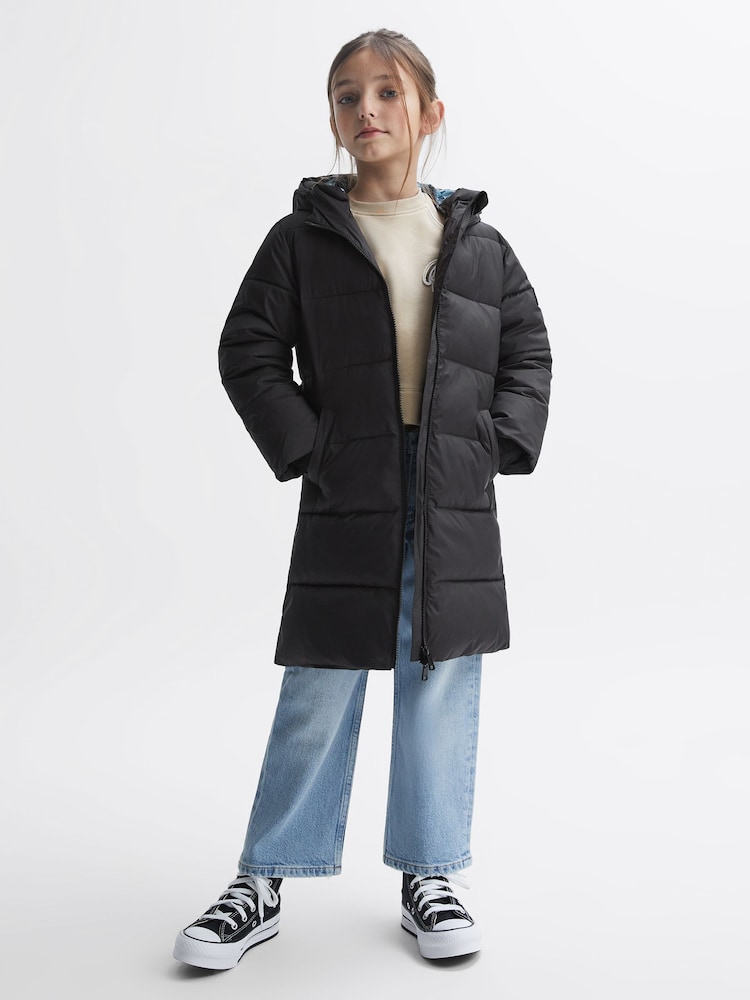 Reiss Black Tia Senior Water Resistant Quilted Hooded Coat - Image 7 of 7