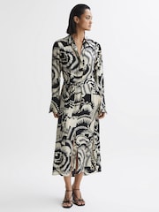 Reiss Black/White Tilly Printed Long Sleeve Midi Dress - Image 1 of 5
