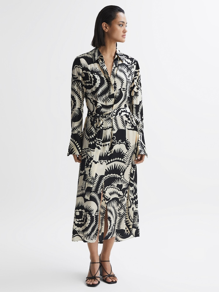 Reiss Black/White Tilly Printed Long Sleeve Midi Dress - Image 1 of 5