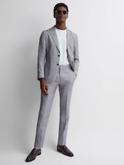 Reiss Navy Squad Linen Dogtooth Adjuster Regular Fit Trousers - Image 1 of 5