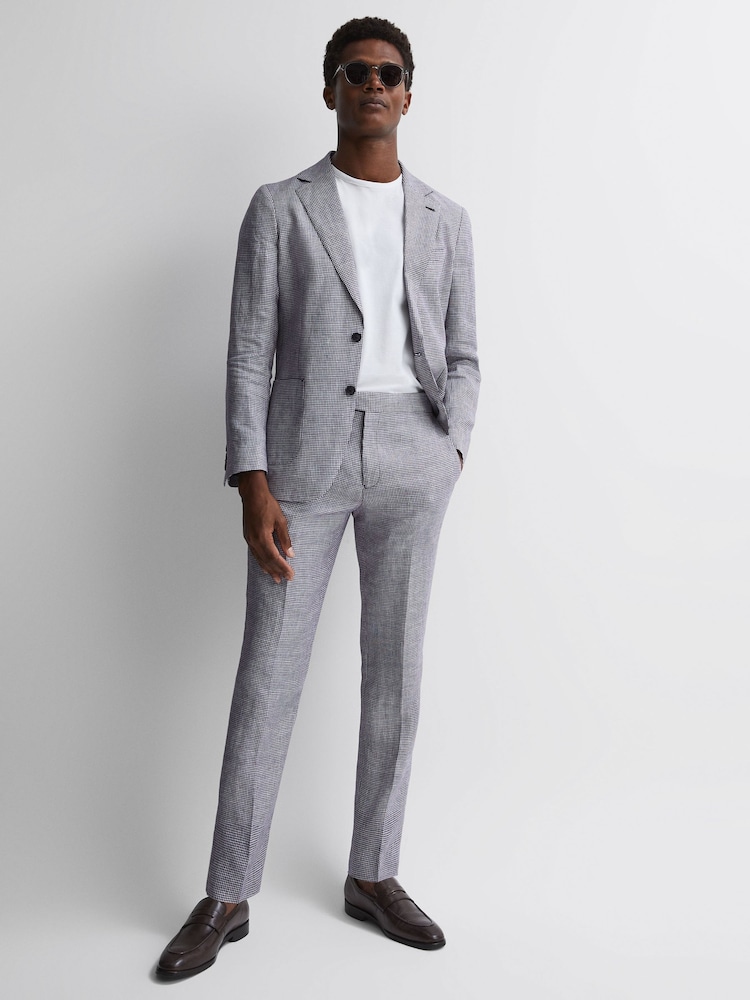 Reiss Navy Squad Linen Dogtooth Adjuster Regular Fit Trousers - Image 1 of 5