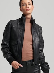 Superdry Black Knit Collar Leather Bomber Jacket - Image 1 of 6