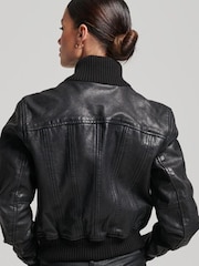 Superdry Black Knit Collar Leather Bomber Jacket - Image 2 of 6