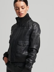 Superdry Black Knit Collar Leather Bomber Jacket - Image 3 of 6