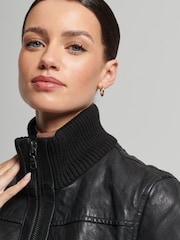 Superdry Black Knit Collar Leather Bomber Jacket - Image 4 of 6