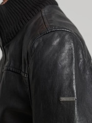 Superdry Black Knit Collar Leather Bomber Jacket - Image 5 of 6