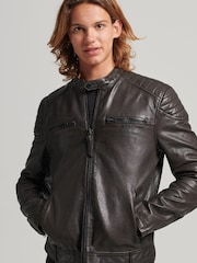 Superdry Grey Leather Moto Racer Jacket - Image 1 of 3