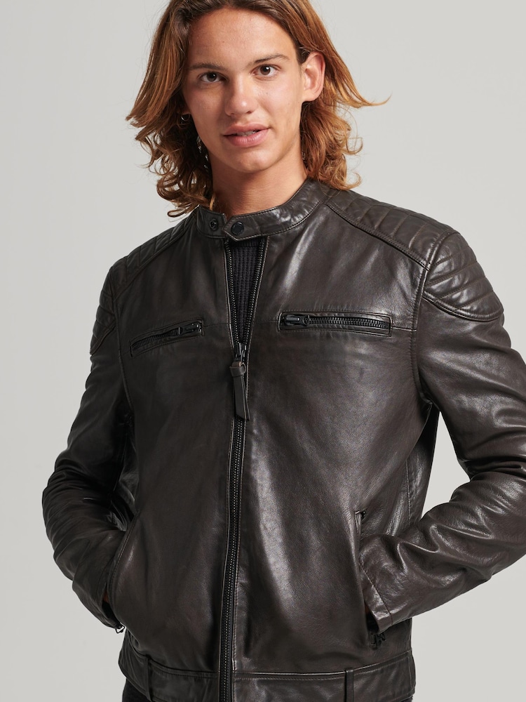Superdry Grey Leather Moto Racer Jacket - Image 1 of 3