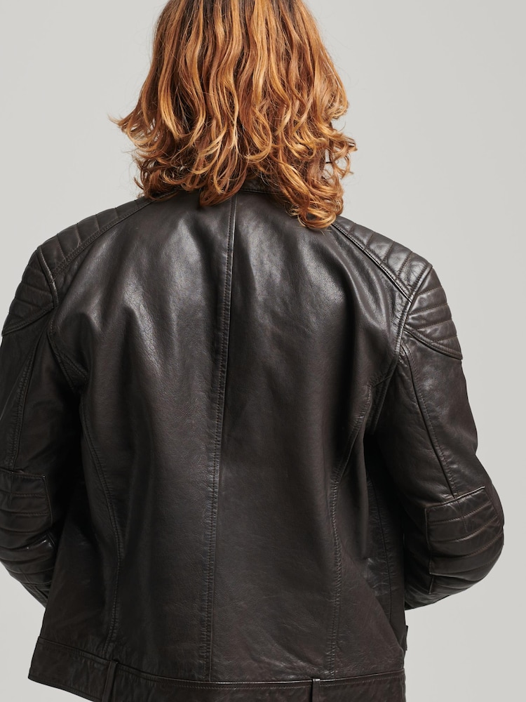 Superdry Grey Leather Moto Racer Jacket - Image 2 of 3