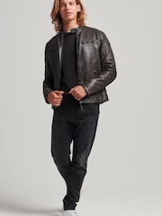 Superdry Grey Leather Moto Racer Jacket - Image 3 of 3