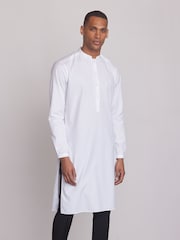White Regular Fit 100% Cotton Round Neck Kurta - Image 1 of 8