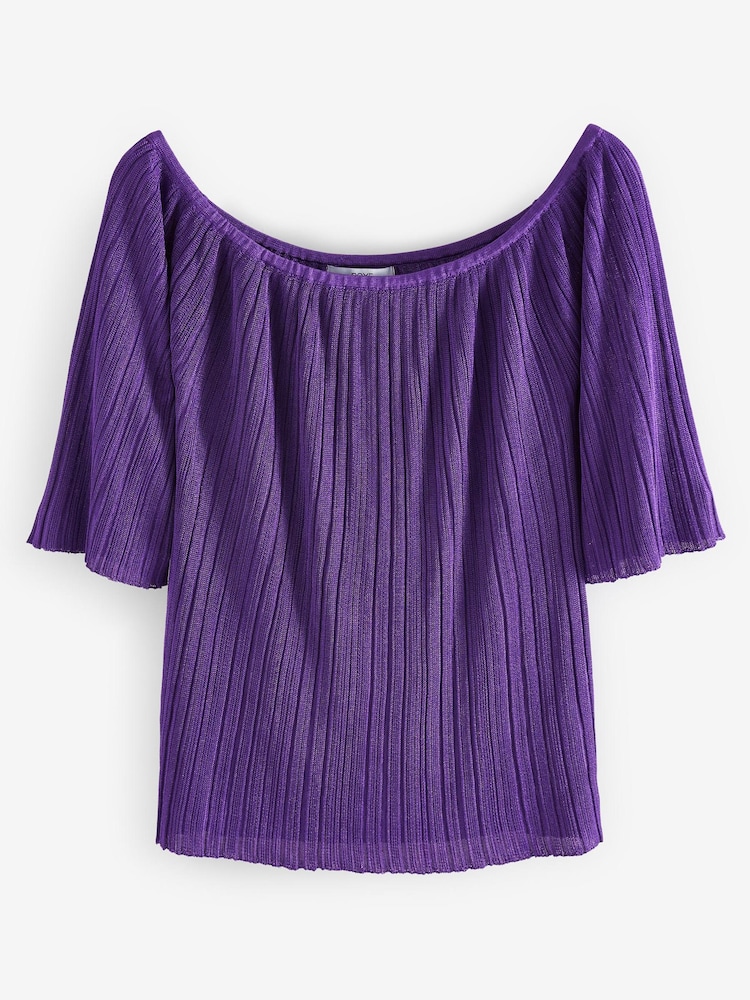 Purple Plissé Short Sleeve Bardot Top - Image 5 of 5 Purple Plissé Short Sleeve Bardot Top - Image 5 of 5