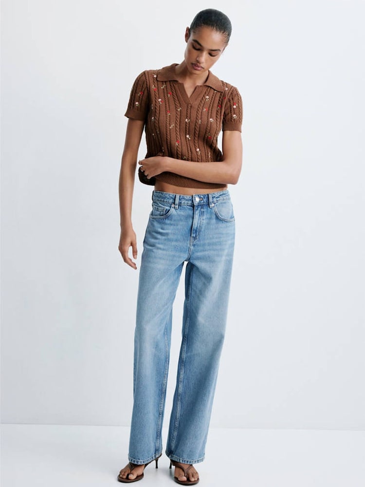 Mango Brown Short Sleeve Floral Knitted Sweater - Image 1 of 6