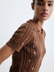 Mango Brown Short Sleeve Floral Knitted Sweater - Image 3 of 6