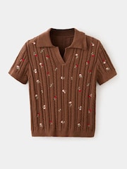 Mango Brown Short Sleeve Floral Knitted Sweater - Image 4 of 6