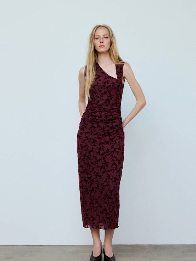 Mango Red Ruched Maxi Dress - Image 1 of 7