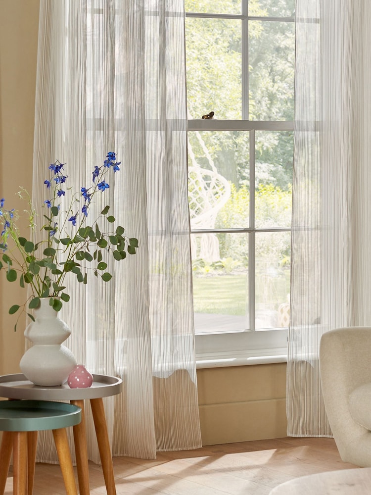 Natural Stripe Voile Slot Top Unlined Sheer Panel Curtain - Image 4 of 7