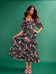 Another Sunday Milkmaid Midi Dress With Lace Trim Detail In Black Geo Print - Image 1 of 6