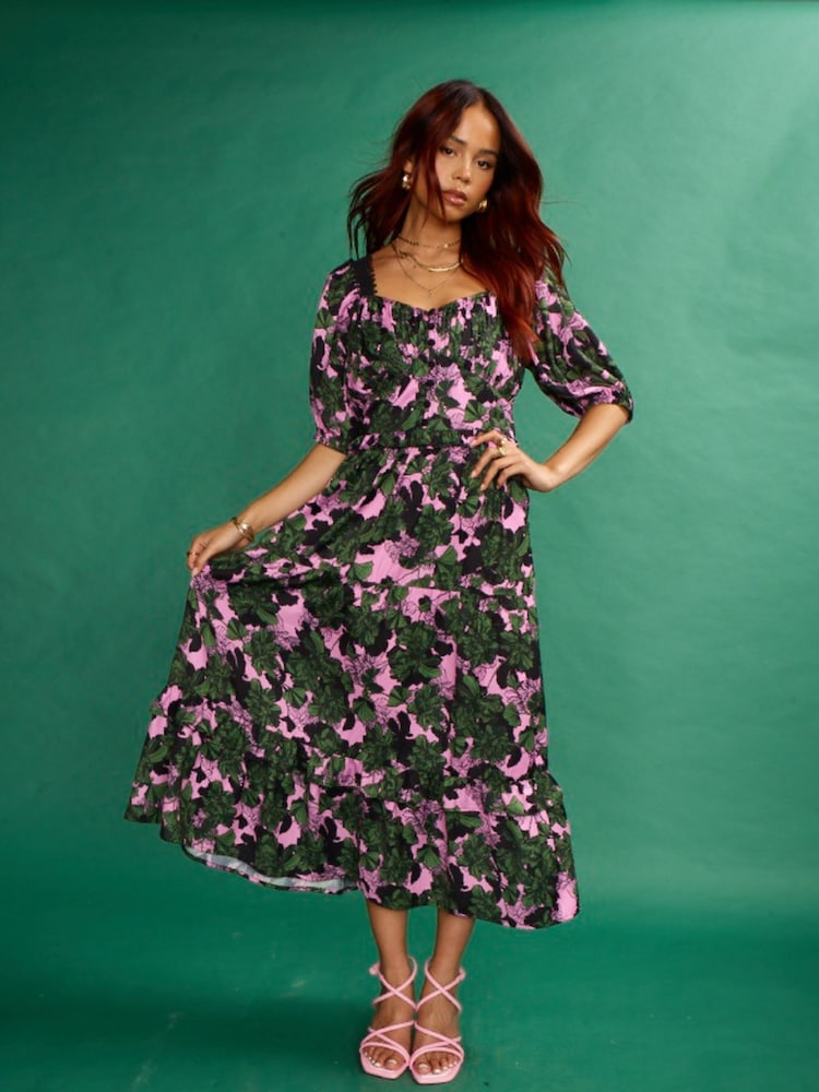 Another Sunday Milkmaid Midi Dress With Lace Trim Detail In Black Geo Print - Image 1 of 6