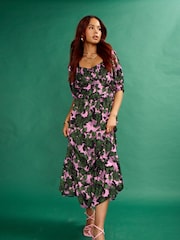Another Sunday Milkmaid Midi Dress With Lace Trim Detail In Black Geo Print - Image 2 of 6
