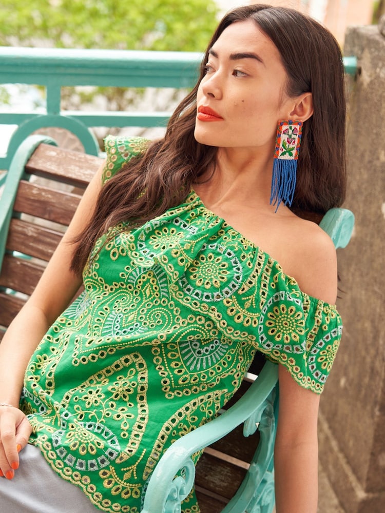 Another Sunday Green One Shoulder Ruffle 100% Cotton Blouse With Broderie - Image 2 of 6
