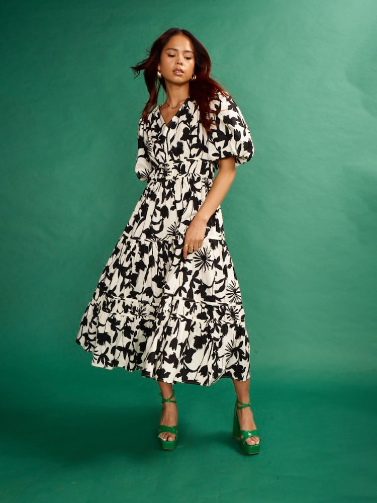 Another Sunday Tiered Midi Dress With Puff Sleeves in Orange - Image 1 of 5
