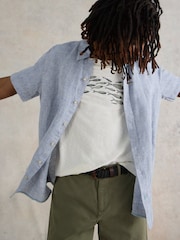 White Stuff Blue Pembroke Short Sleeve 100% Linen Shirt - Image 1 of 6