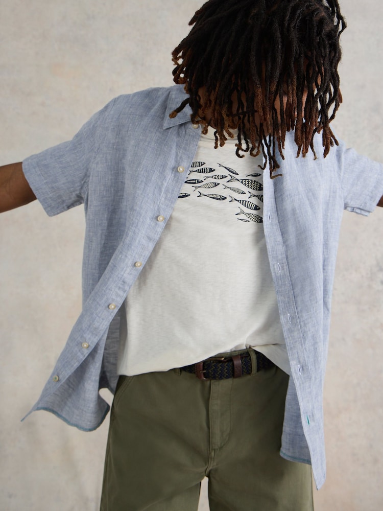 White Stuff Blue Pembroke Short Sleeve 100% Linen Shirt - Image 1 of 6