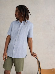 White Stuff Blue Pembroke Short Sleeve 100% Linen Shirt - Image 2 of 6