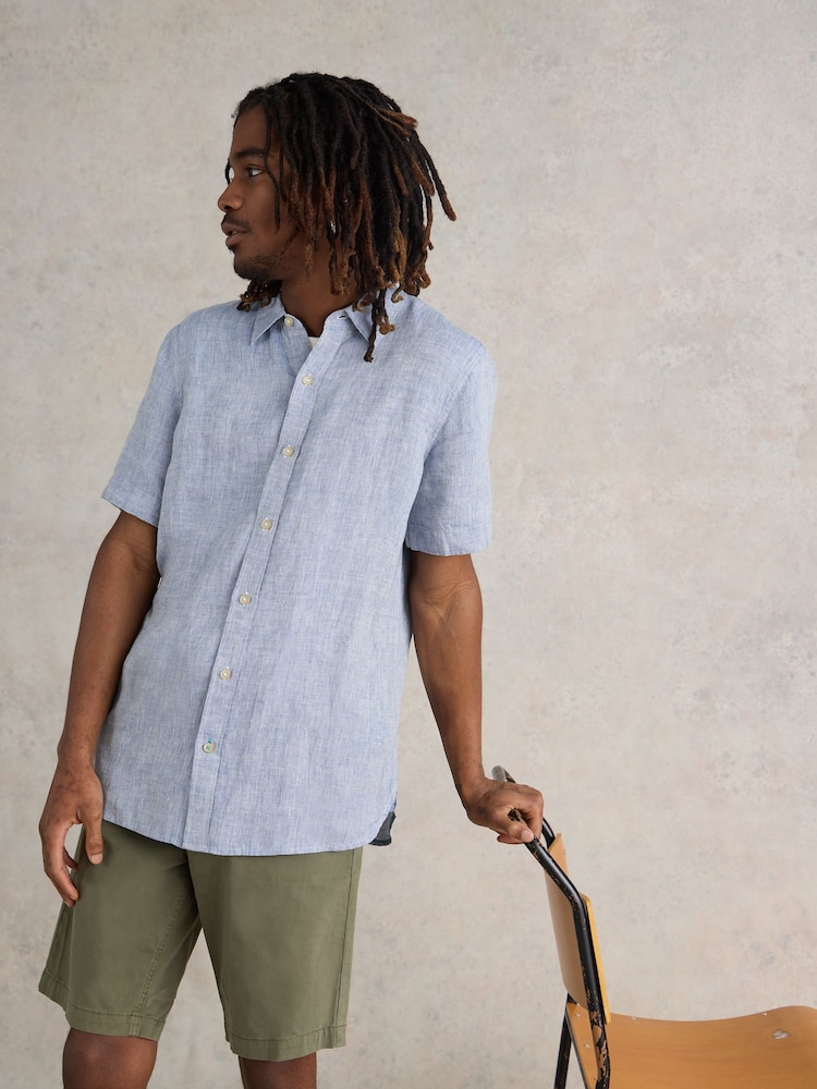 White Stuff Blue Pembroke Short Sleeve 100% Linen Shirt - Image 2 of 6