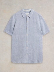 White Stuff Blue Pembroke Short Sleeve 100% Linen Shirt - Image 5 of 6