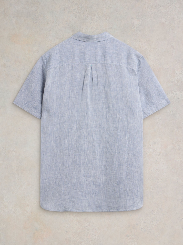 White Stuff Blue Pembroke Short Sleeve 100% Linen Shirt - Image 6 of 6