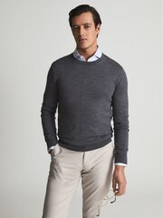 Reiss Mid Grey Melange Wessex Merino Wool Crew Neck Jumper - Image 1 of 6