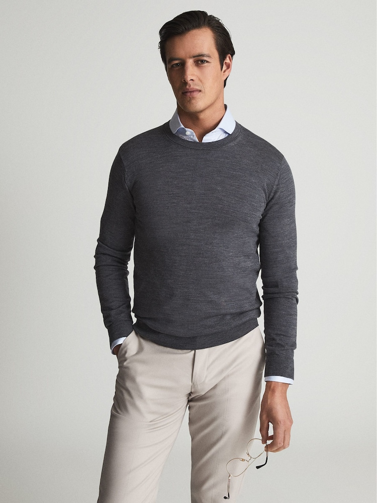 Reiss Mid Grey Melange Wessex Merino Wool Crew Neck Jumper - Image 1 of 6