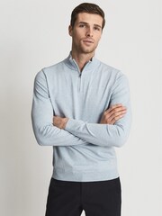 Reiss Soft Blue Melange Hero Funnel Neck Half Zip Jumper - Image 1 of 6