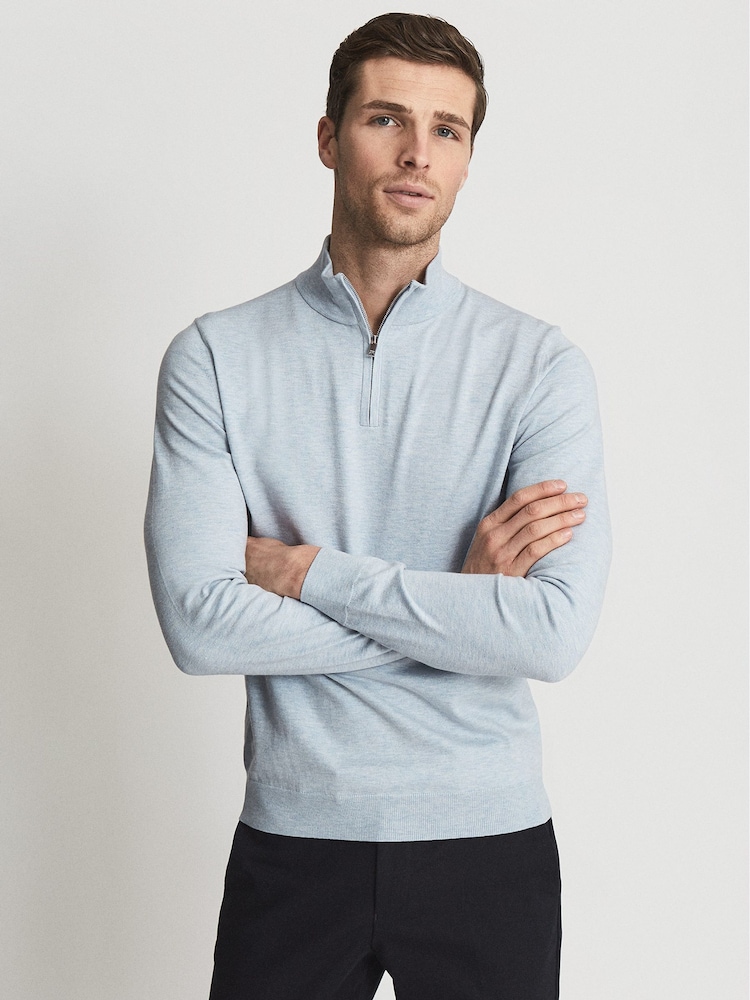 Reiss Soft Blue Melange Hero Funnel Neck Half Zip Jumper - Image 1 of 6