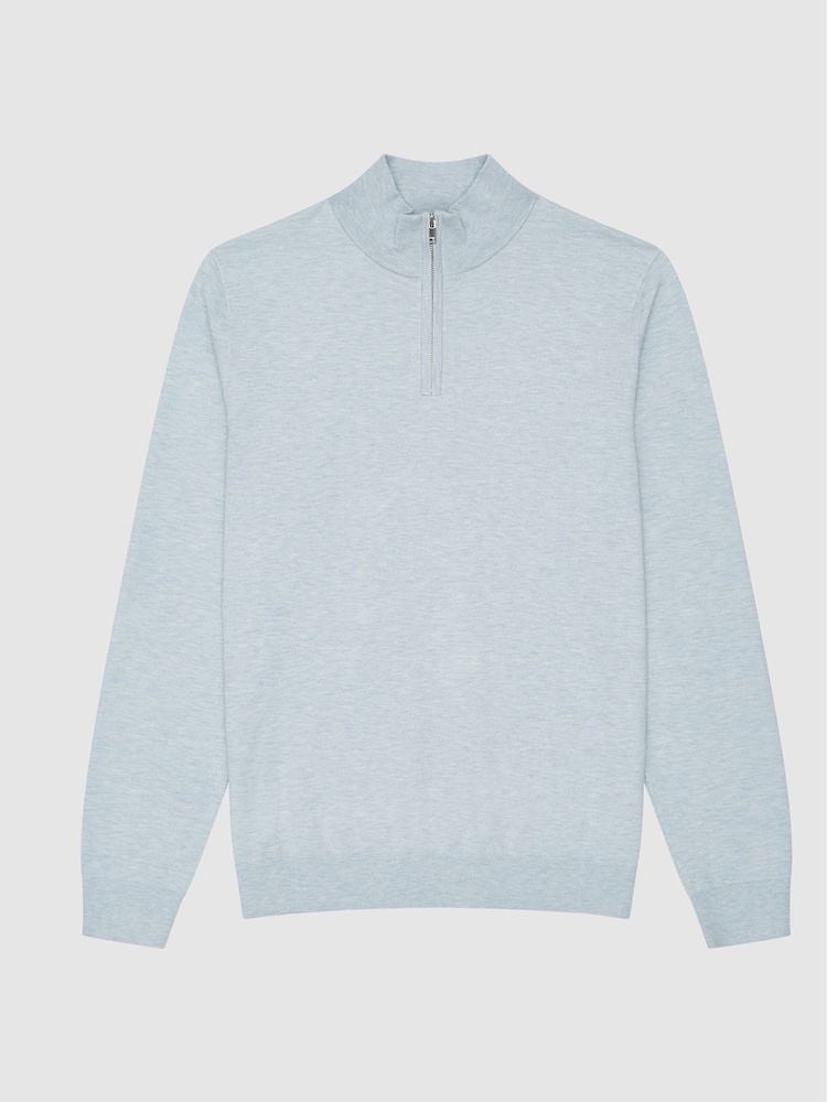 Reiss Soft Blue Melange Hero Funnel Neck Half Zip Jumper - Image 2 of 6