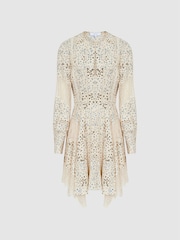 Reiss Blue/Ivory Elyse Romantic Floral Lace Trim Dress - Image 2 of 6