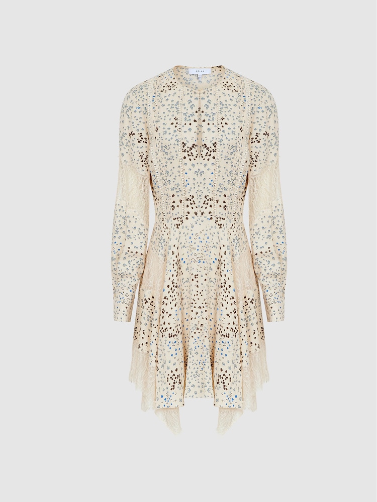 Reiss Blue/Ivory Elyse Romantic Floral Lace Trim Dress - Image 2 of 6