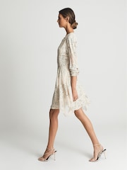 Reiss Blue/Ivory Elyse Romantic Floral Lace Trim Dress - Image 3 of 6