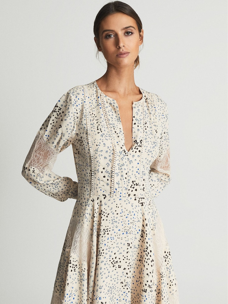 Reiss Blue/Ivory Elyse Romantic Floral Lace Trim Dress - Image 6 of 6