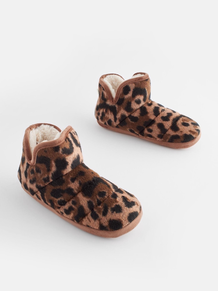 Tan Brown Animal Print Felt Boot Slippers - Image 3 of 7