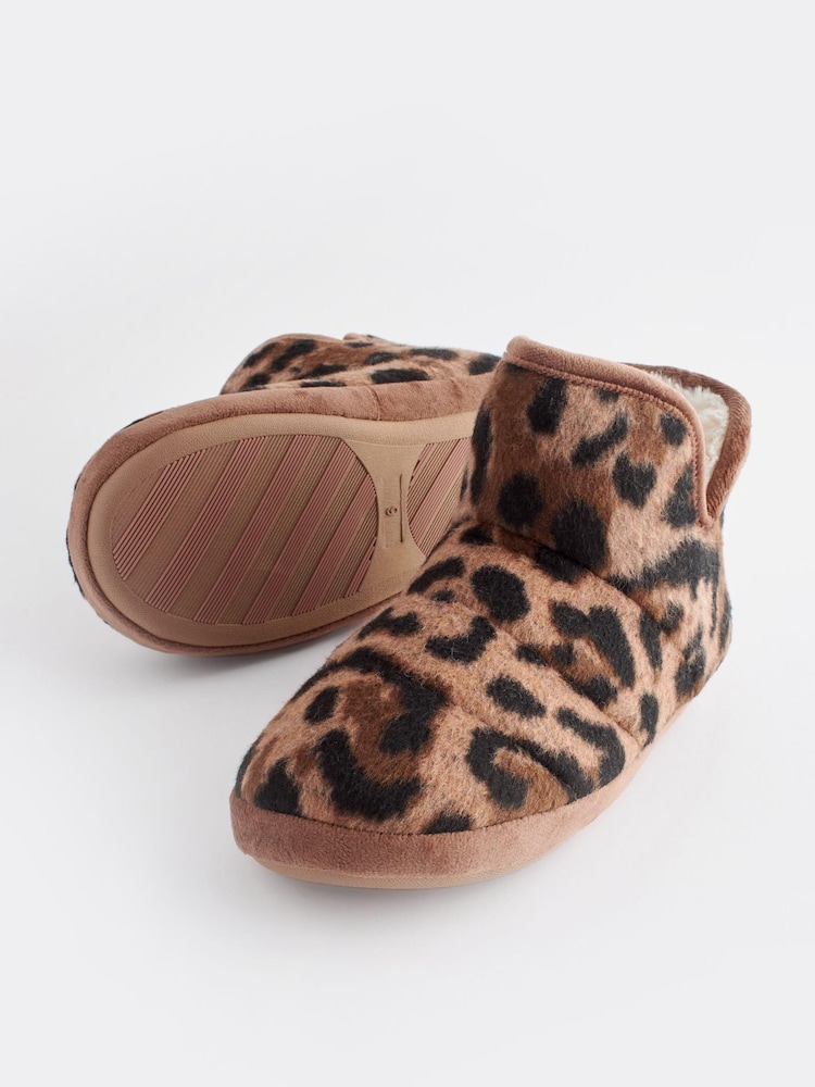 Tan Brown Animal Print Felt Boot Slippers - Image 5 of 7