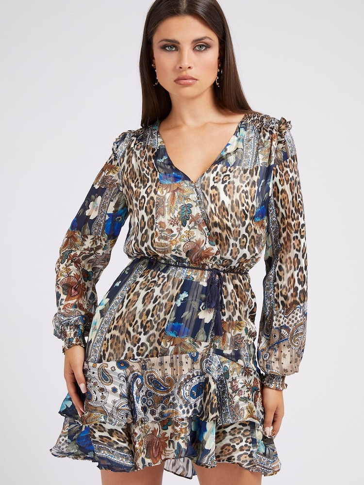 Guess Blue Elea Paisley Print Frill Dress - Image 1 of 1