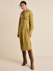 Olive Green Tie Front Long Sleeve Textured Utility Shirt Dress - Image 1 of 6