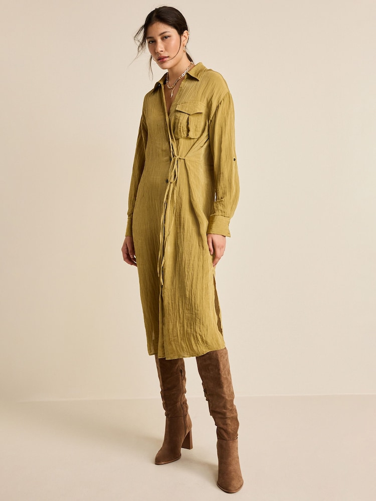 Olive Green Tie Front Long Sleeve Textured Utility Shirt Dress - Image 1 of 6