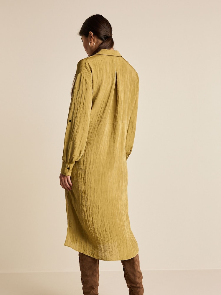 Olive Green Tie Front Long Sleeve Textured Utility Shirt Dress - Image 2 of 6