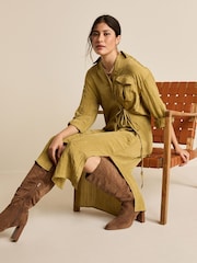 Olive Green Tie Front Long Sleeve Textured Utility Shirt Dress - Image 3 of 6